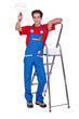 Decorator with a paint roller and stepladder