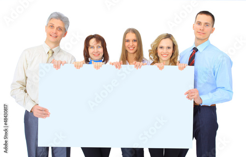 Photo: group of business people holding a banner group of business people holding a banner
