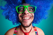 Funny guy naked with blue wig and red tie