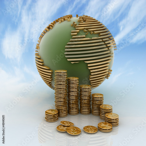Illustration: globe with many gold coins globe with many gold coins