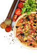 delicious pizza, vegetables and spices  isolated on white