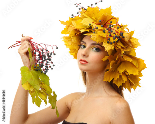 Photo: beautiful young woman with yellow autumn wreath, isolated beautiful young woman with yellow autumn wreath, isolated