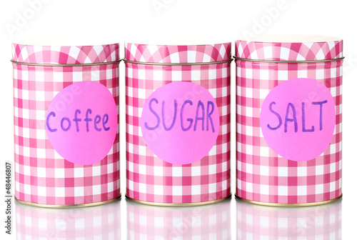 Photo: Sugar, coffee, salt containers isolated on white Sugar, coffee, salt containers isolated on white