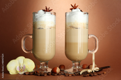 Photo: Fragrant coffee latte in glasses cups with spices, Fragrant coffee latte in glasses cups with spices,