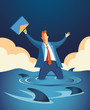 Vector: Worried Businessman in Rising Water Surrounded by Hungry Sharks Worried Businessman in Rising Water Surrounded by Hungry Sharks