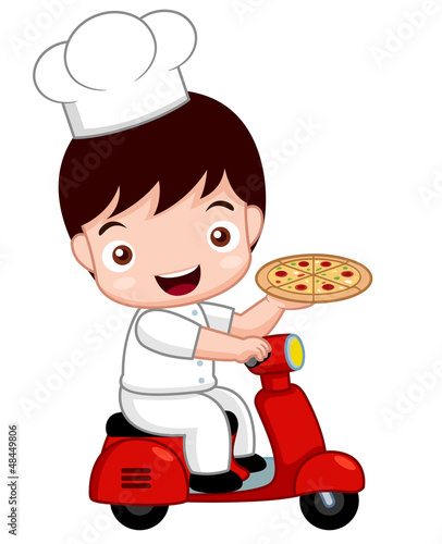 Vector: illustration of Cartoon Cute pizza chef on bike illustration of Cartoon Cute pizza chef on bike