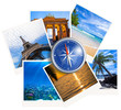 Traveling photos collage with compass on white background