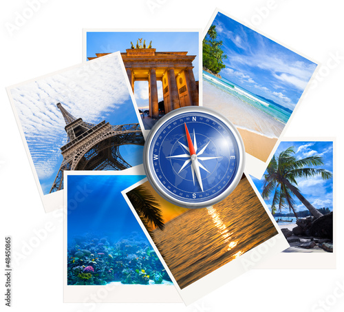 Illustration: Traveling photos collage with compass on white background Traveling photos collage with compass on white background