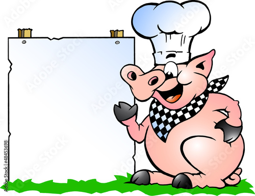 Vector: Illustration of an Chef Pig standing and pointing towards a sign Illustration of an Chef Pig standing and pointing towards a sign