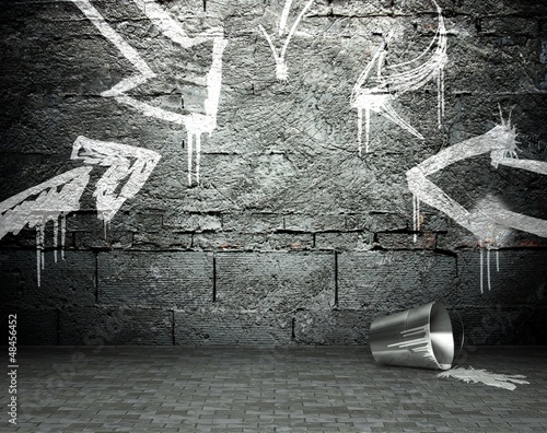 Photo: Graffiti wall with frame and arrows, street background Graffiti wall with frame and arrows, street background