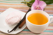 cup of tea with marshmallow on a saucer with a vanilla, cinnamon