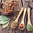 Variety of spices in the spoons.