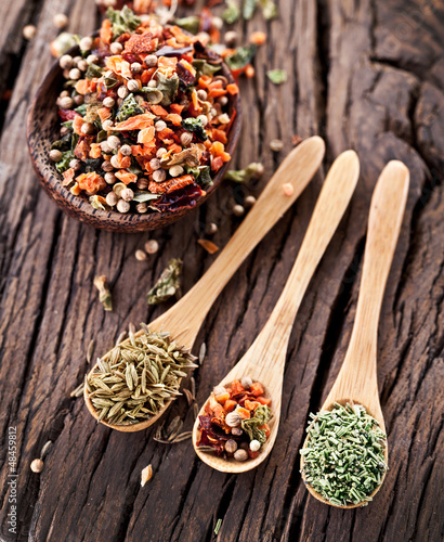 Photo: Variety of spices in the spoons. Variety of spices in the spoons.