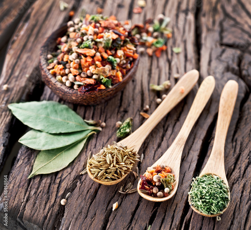 Photo: Variety of spices in the spoons. Variety of spices in the spoons.