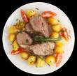 Rack of lamb with fried potatoes isolated on black