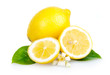 Yellow lemon fruits with leaves and slices isolated