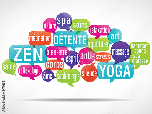 Illustration: nuage de mots bulles 3d : détente, zen nuage de mots bulles 3d : détente, zen