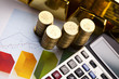 Office Concept, Gold bar and coins