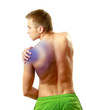 Young man with pain on upper back, isolated on white background