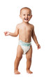 Full length of joyful one-year old boy over white