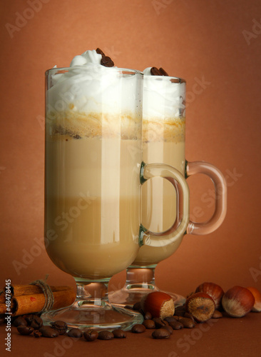 Photo: Fragrant coffee latte in glasses cups with spices, Fragrant coffee latte in glasses cups with spices,