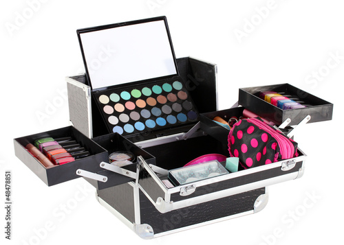 Photo: open case with cosmetics isolated on white open case with cosmetics isolated on white