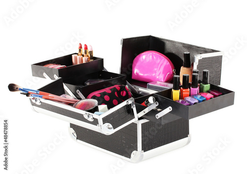 Photo: open case with cosmetics isolated on white open case with cosmetics isolated on white