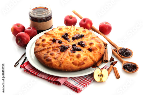 Photo: tasty homemade pie, apples and jam, isolated on white tasty homemade pie, apples and jam, isolated on white