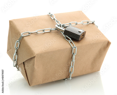 Photo: parcel with chain and padlock, isolated on white parcel with chain and padlock, isolated on white