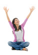 Happy Asian woman arms opened looking up