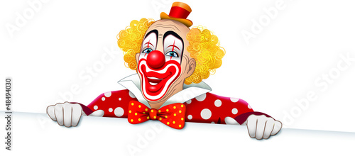 Illustration: Clown sorridente con vestito a pois e cartello bianco Clown sorridente con vestito a pois e cartello bianco