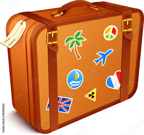 Vector: Vector traveller's brown vintage leather suitcase with stickers Vector traveller's brown vintage leather suitcase with stickers