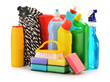 Detergent bottles isolated on white. Chemical cleaning supplies