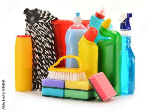 Photo: Detergent bottles isolated on white. Chemical cleaning supplies Detergent bottles isolated on white. Chemical cleaning supplies