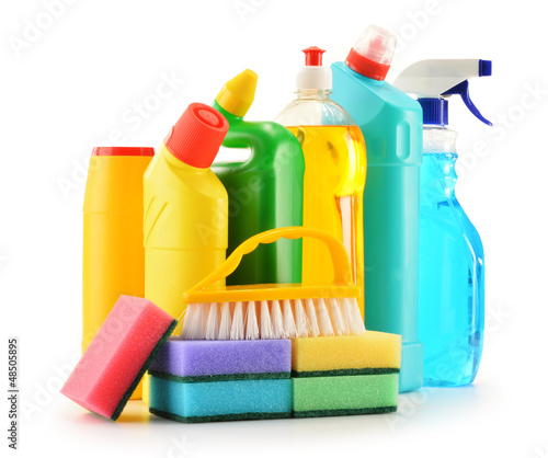 Photo: Detergent bottles isolated on white. Chemical cleaning supplies Detergent bottles isolated on white. Chemical cleaning supplies
