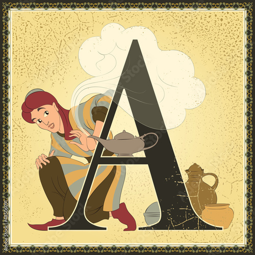 Vector: Children book alphabet. Letter A. Aladdin or the Wonderful Lamp Children book alphabet. Letter A. Aladdin or the Wonderful Lamp