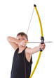 boy shoots a bow on a white background