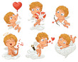 Cupid flying in a balloon in the shape of heart, shoots bow