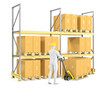 Illustration: Worker moves boxes with pallet truck Worker moves boxes with pallet truck