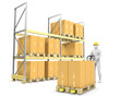 Illustration: Worker moves boxes with pallet truck Worker moves boxes with pallet truck