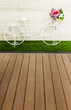 Photo: decorate white metal bicycle in garden decorate white metal bicycle in garden