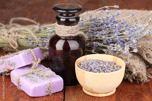 Photo: Lavender flowers and jar Lavender flowers and jar