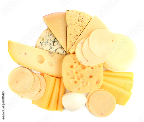 Photo: Various types of cheese isolated on white Various types of cheese isolated on white