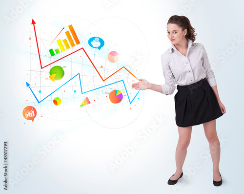 Photo: Young business woman presenting colorful charts and diagrams Young business woman presenting colorful charts and diagrams