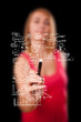 Woman drawing business scheme and icons on whiteboard