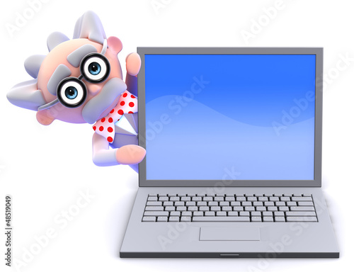 Illustration: Scientist peers from behind a laptop pc Scientist peers from behind a laptop pc
