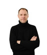 Sly smiling man in black isolated on the white background
