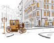 Vektor: Street view with a retro car in the old city Street view with a retro car in the old city