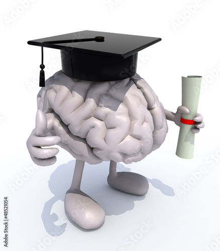 Illustration: human brain with arms and legs, Graduation Cap and Diploma human brain with arms and legs, Graduation Cap and Diploma