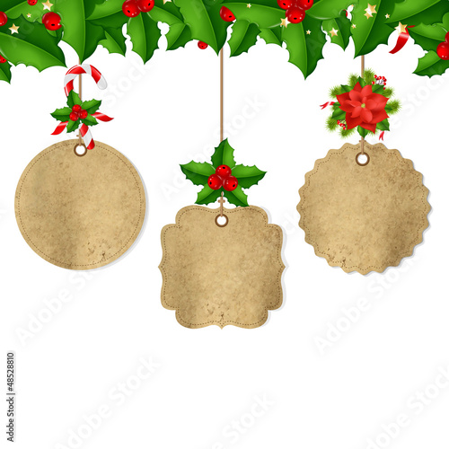 Vector: Border With Holly Berry And Vintage Labels Border With Holly Berry And Vintage Labels